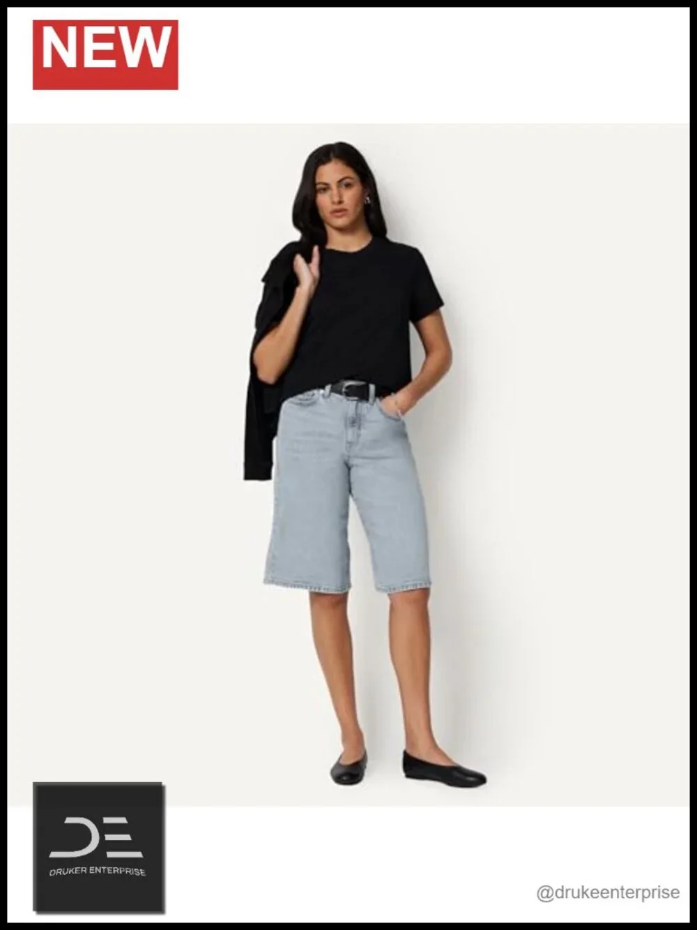 Mid-Rise Relaxed-Fit Long Denim Shorts with Stretch Women's Bermuda Shorts
